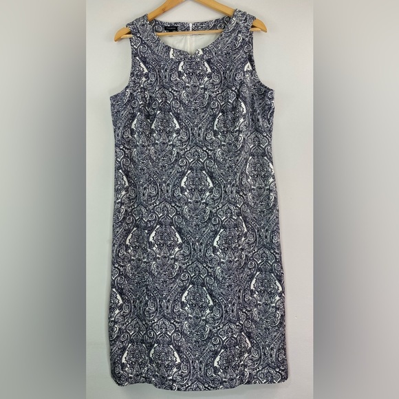 Talbots Women’s Sz 16 Cotton Blend Sheath Shift Dress Lined Paisley Black White - Picture 2 of 9